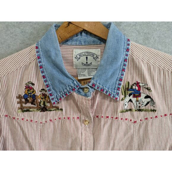 Solutions Original Shirt Women's Medium Red Button Down Top Farm Embroidered VTG - Picture 6 of 10